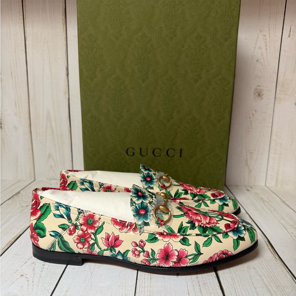 Gucci Floral Print Leather Horsebit Jordaan Loafer Multicolor Sz 37 / 7 - Picture 2 of 15